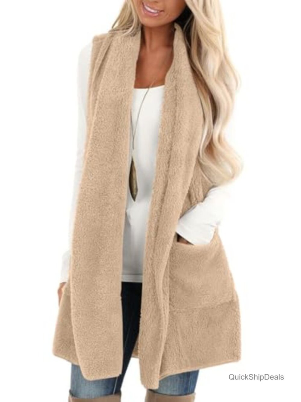 Womens Sleeveless Sherpa Fleece Fuzzy Open Front Vest Pockets Cozy Winter
